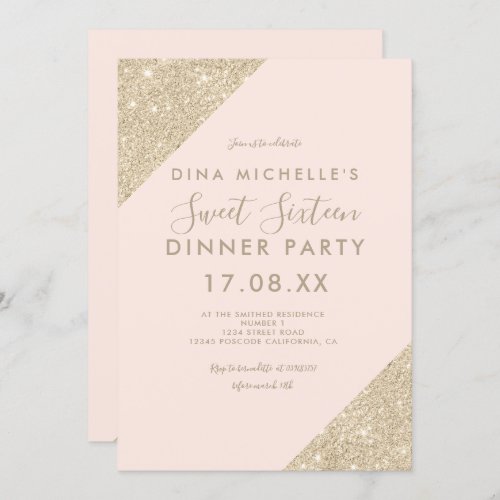 Light gold glitter typography blush pink Sweet 16 Invitation