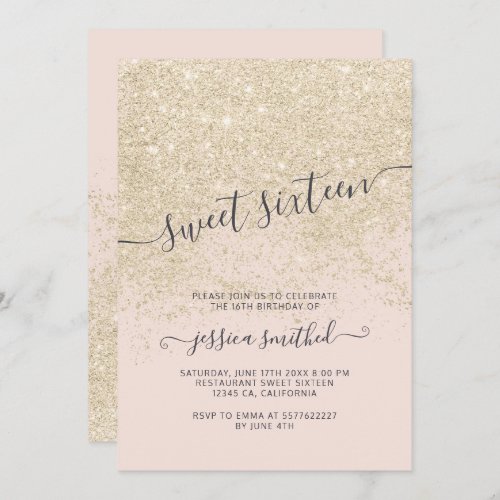 light gold glitter typography blush pink Sweet 16 Invitation