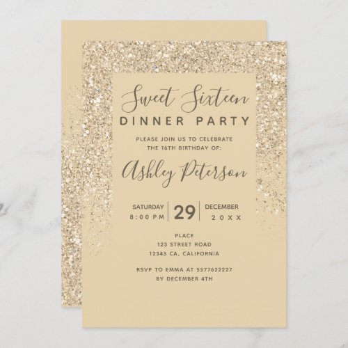 light gold glitter typography chic gold Sweet 16 Invitation