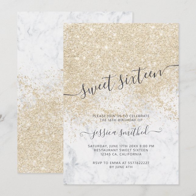 light gold glitter typography marble Sweet 16 Invitation (Front/Back)