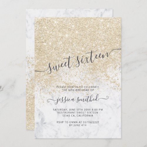 light gold glitter typography marble Sweet 16 Invitation