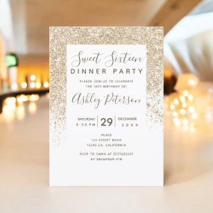 light gold glitter typography white girly Sweet 16 Invitation