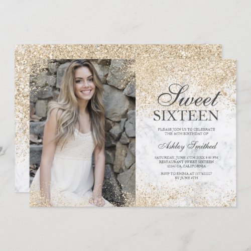 light gold glitter white marble photo Sweet 16 Invitation