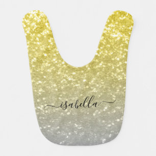Light gold gray ombre faux sparkles Custom name Baby Bib