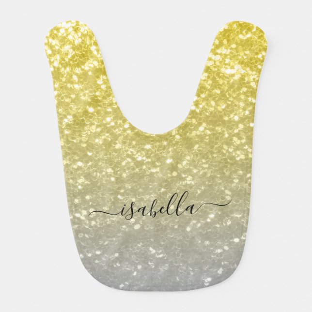 Light gold gray ombre faux sparkles Custom name Baby Bib (Front)