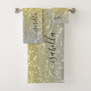 Light gold gray ombre faux sparkles Custom name Bath Towel Set