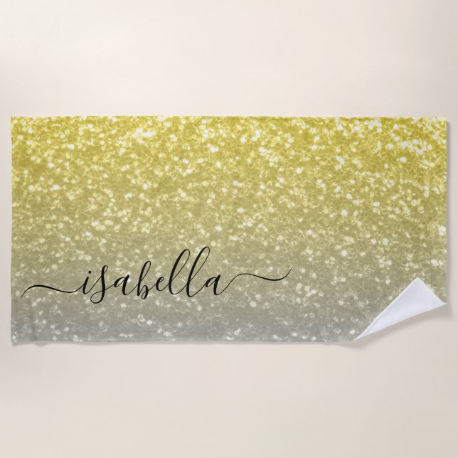 Light gold gray ombre faux sparkles Custom name Beach Towel (Front)