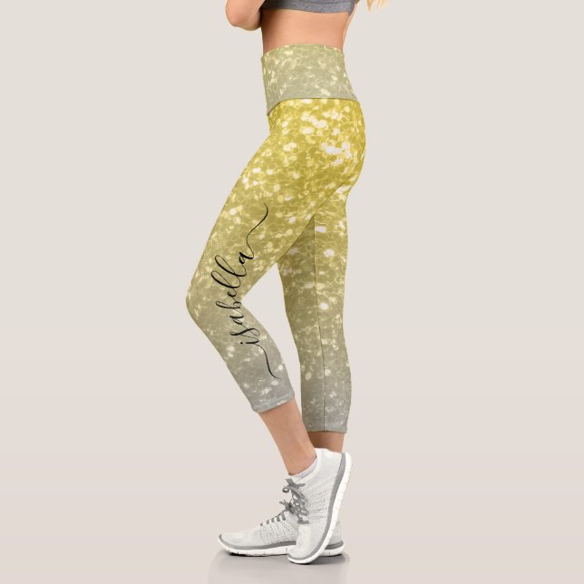 Light gold gray ombre faux sparkles Custom name Capri Leggings (Left)