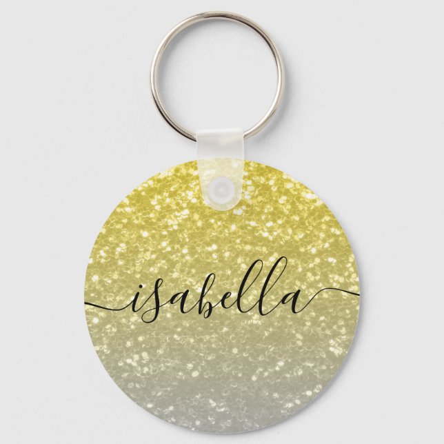 Light gold gray ombre faux sparkles Custom name Keychain (Front)