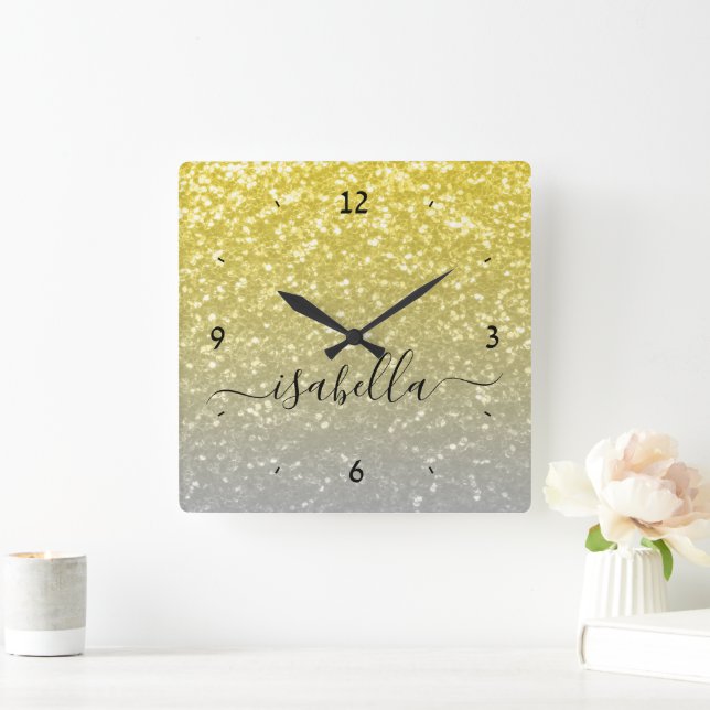 Light gold gray ombre faux sparkles Custom name Square Wall Clock (Home)