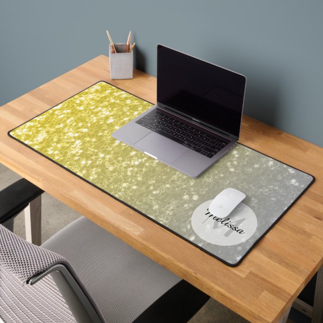 Light gold silver gray ombre faux sparkle Monogram Desk Mat (Office 2)