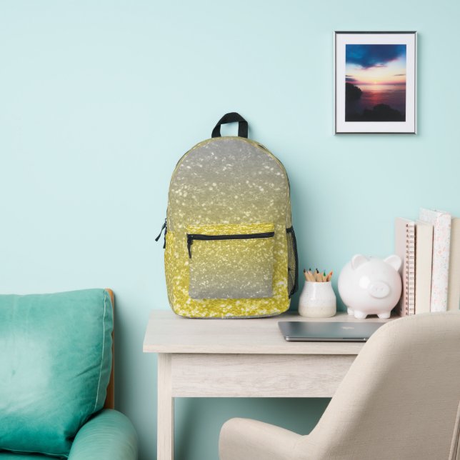 Light gold silver gray ombre faux sparkle printed backpack (Insitu)