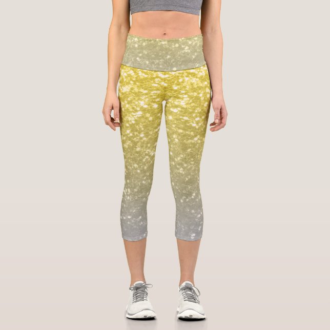 Light gold silver gray ombre faux sparkles capri leggings (Front)