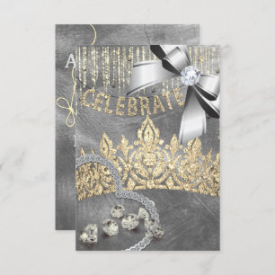 Light Gold Silver with crown diamonds blue party Invitation