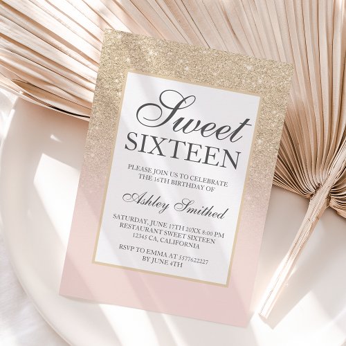 light gold sparkles glitter elegant chic Sweet 16 Invitation