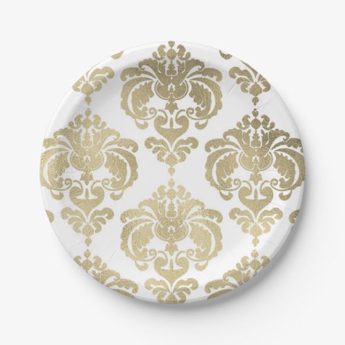 Light Gold  White Damask Vintage Wedding Event Paper Plates