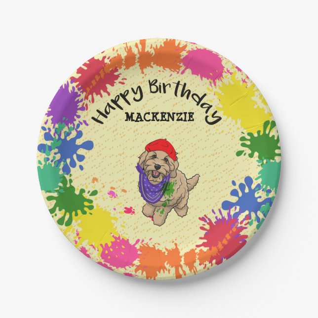 Light Goldendoodle Dog Fun Paint Art Party  Paper Plates (Front)