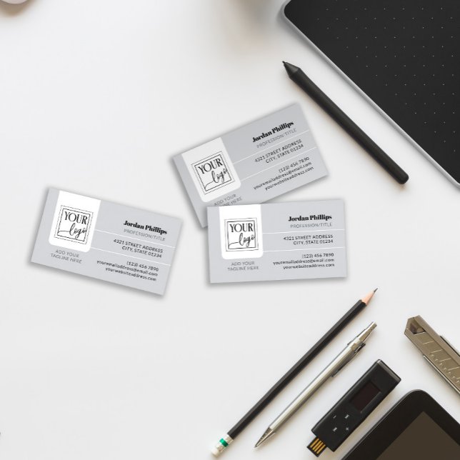 Light Gray Add Your Logo One Sided Business Card (Creator Uploaded)
