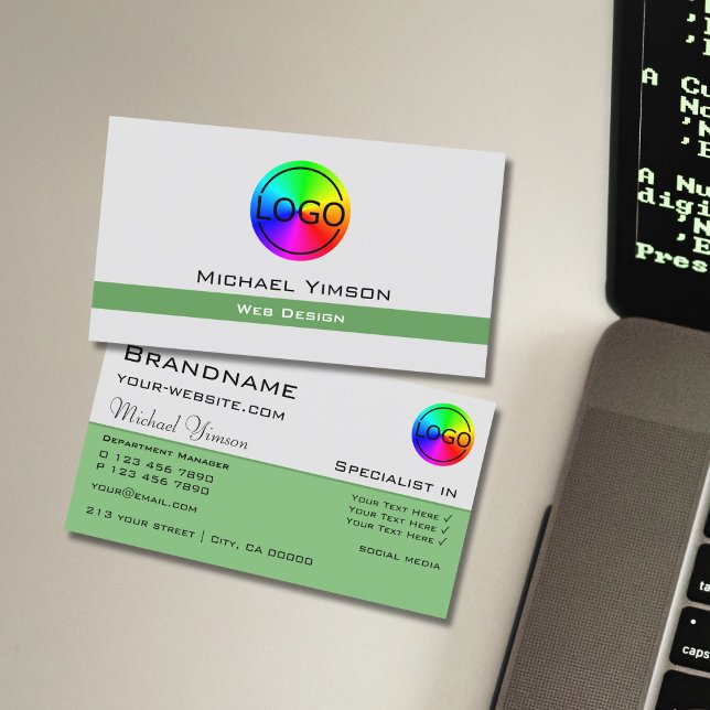 Light Gray and Green Chic with Logo Professional Business Card (Creator Uploaded)