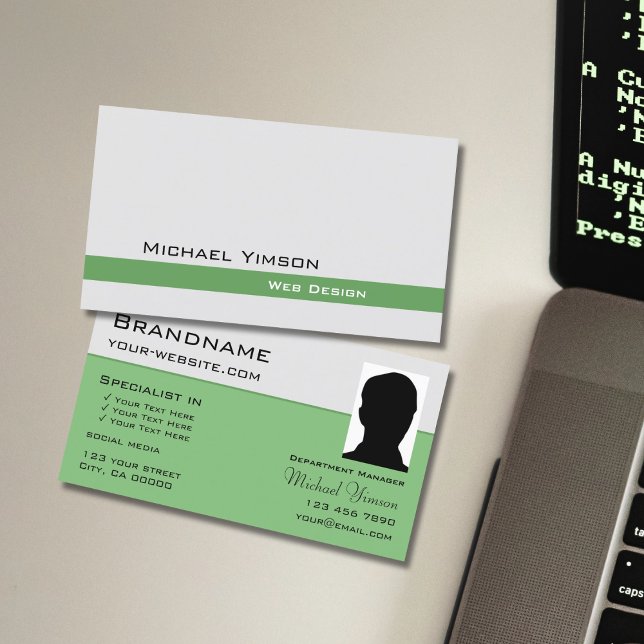 Light Gray and Green Chic with Photo Professional Business Card (Creator Uploaded)