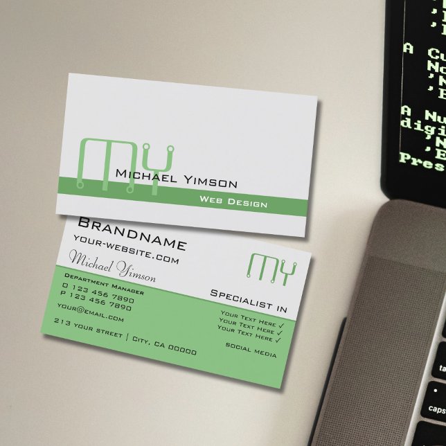 Light Gray and Green with Initials Professional Business Card (Creator Uploaded)