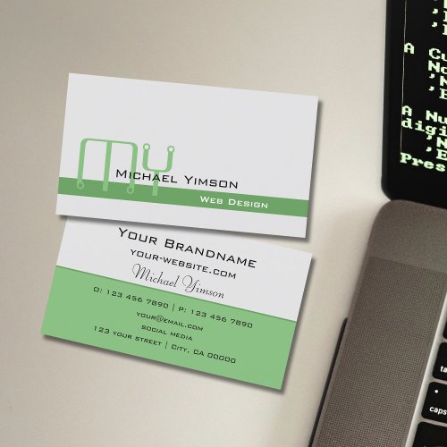 Light Gray and Green with Monogram Professional Business Card