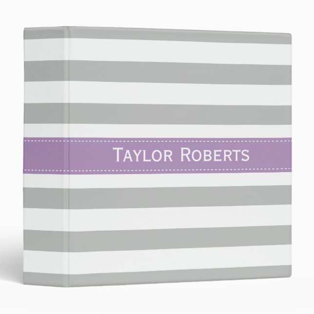 Light Gray and Lavender Purple Wide Stripes Patter 3 Ring Binder (Front/Spine)