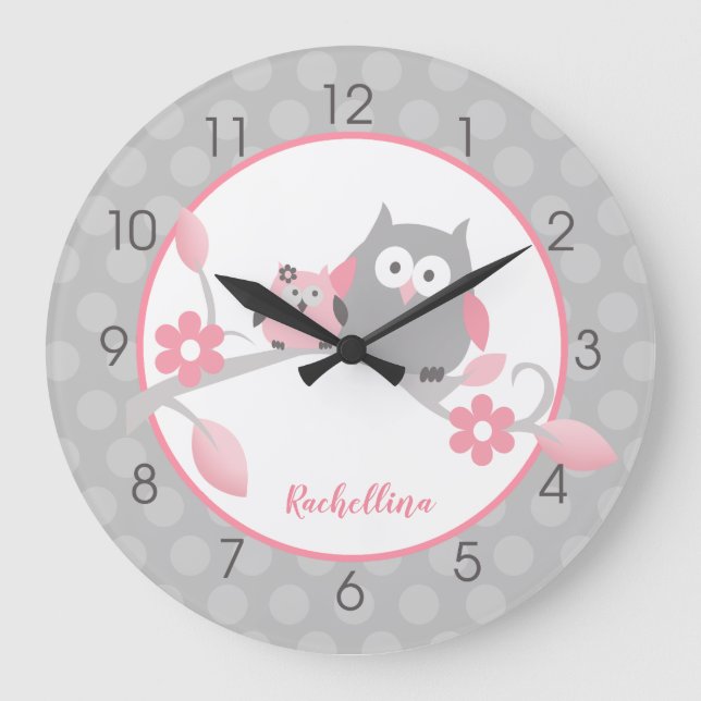 Light Gray and Pink Happy Owls Girl Nursery Large Clock (Front)