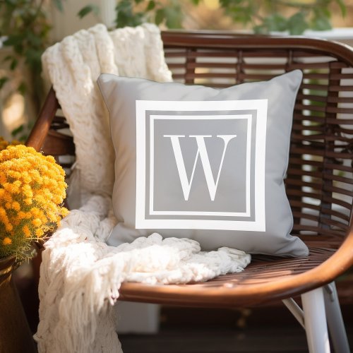 Light Gray and White Classic Square Monogram Outdoor Pillow