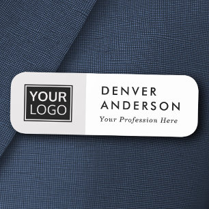 Light gray and white custom logo, name and title name tag