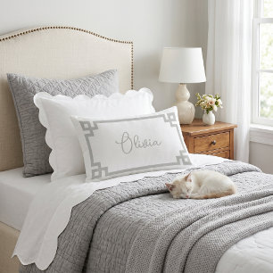 Light Gray and White Custom Name Monogram Lumbar Pillow