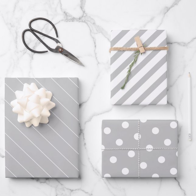 Light Gray and White Dots Stripes Patterns Wrapping Paper Sheets (Front)