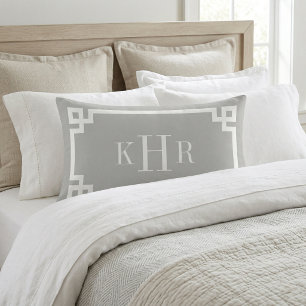 Light Gray and White Greek Key   Monogrammed Lumbar Pillow