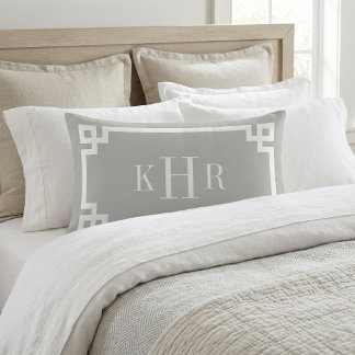 Light Gray and White Greek Key | Monogrammed Lumbar Pillow