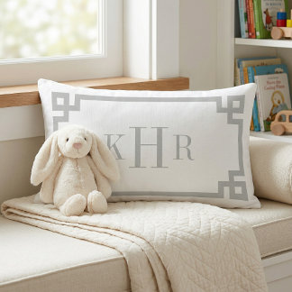Light Gray and White Greek Key | Monogrammed Lumbar Pillow