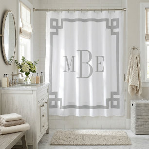Light Gray and White Greek Key   Monogrammed Shower Curtain