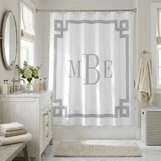 Light Gray and White Greek Key | Monogrammed Shower Curtain