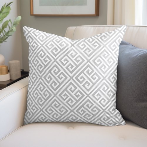 Light Gray and White Greek Key Pattern Throw Pillow