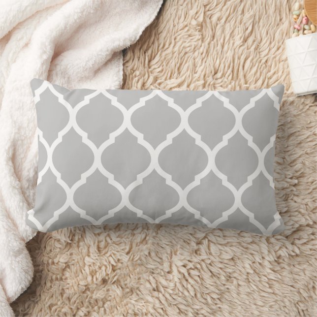 Light Gray and White Moroccan Pattern Lumbar Pillow (Blanket)