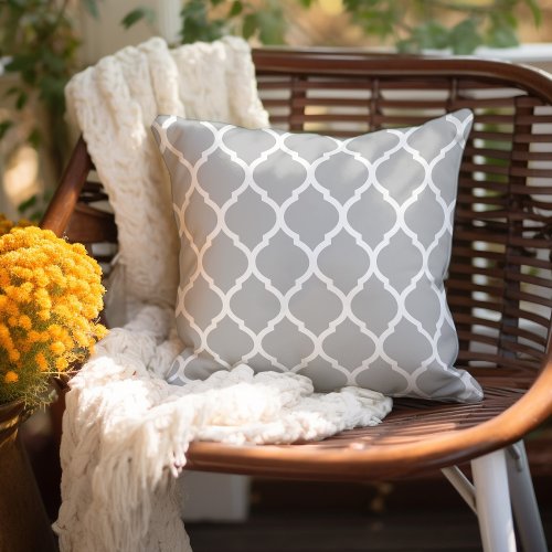 Light Gray and White Moroccan Pattern Outdoor Pillow