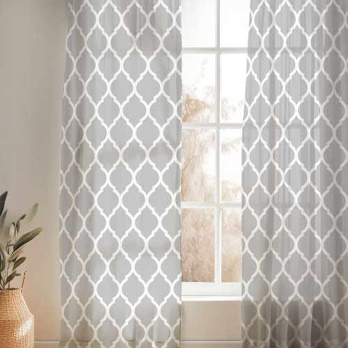 Light Gray and White Moroccan Pattern Sheer Curtains