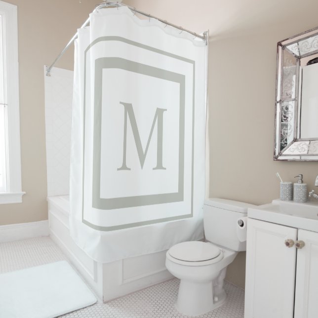 Light Gray  and white  square border monogram Shower Curtain (In Situ)