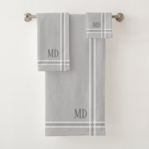 Light Gray and White Striped Custom Initials Bath Towel Set