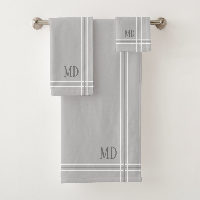 Light Gray and White Striped Custom Initials Bath Towel Set (Insitu)