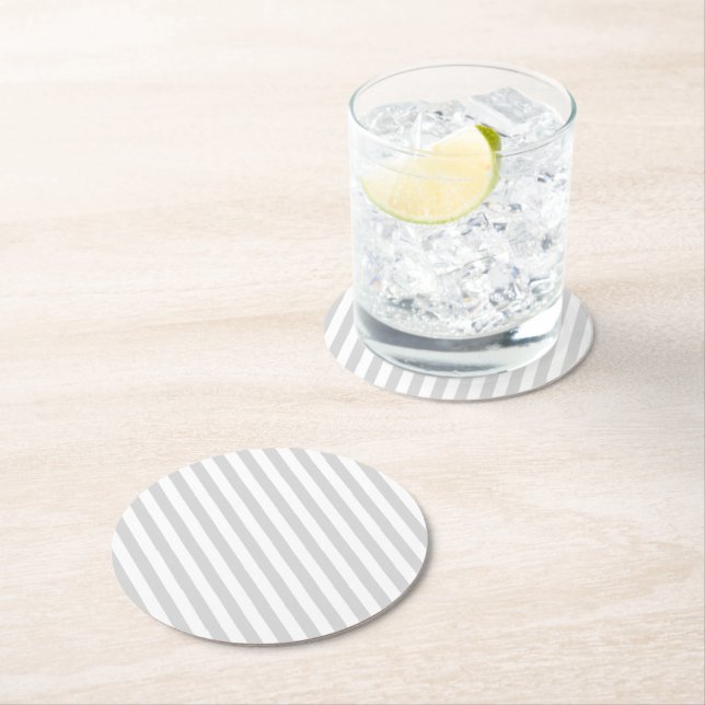 Light Gray and White Stripes Round Paper Coaster (Insitu)