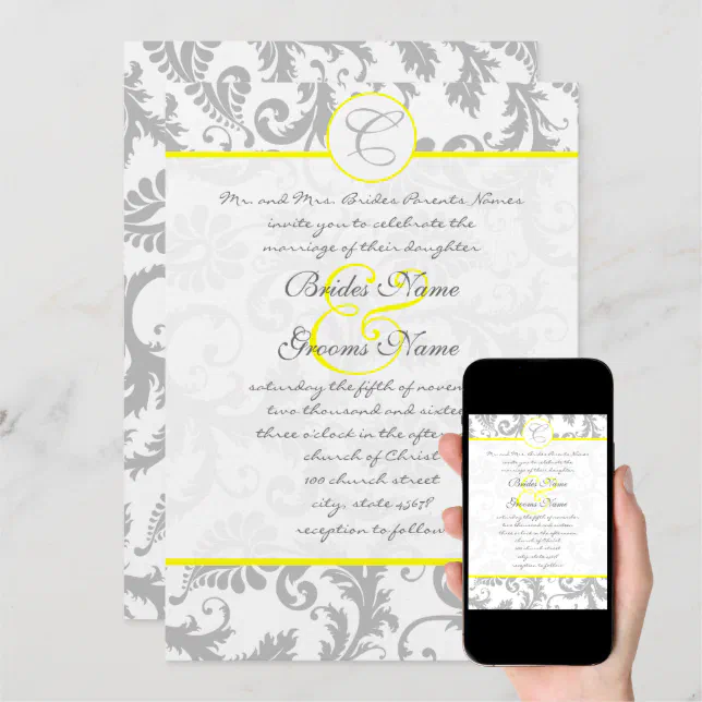 Light Gray and Yellow Damask Wedding Invitation Zazzle