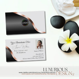Light Gray Black Wavy Rose Gold Decor Logo Photo Business Card