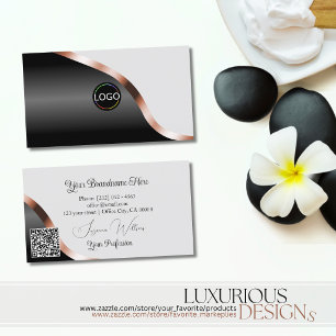 Light Gray Black Wavy Rose Gold Decor Logo QR Code Business Card
