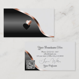 Light Gray Black Wavy Rose Gold Hearts and QR Code Business Card