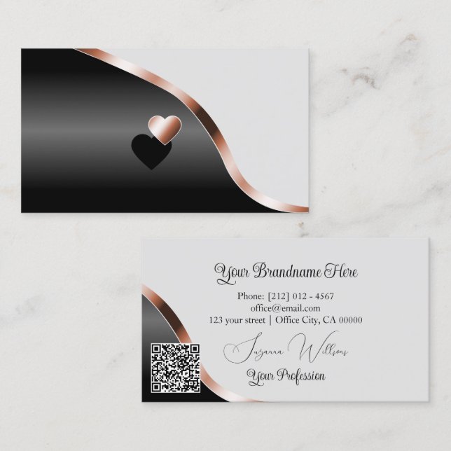 Light Gray Black Wavy Rose Gold Hearts and QR Code Business Card (Front/Back)